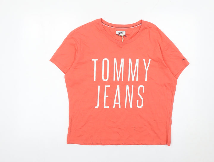 Tommy Jeans Women Orange S Cotton Crew Neck Logo T-Shirt