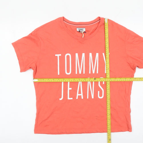 Tommy Jeans Women Orange S Cotton Crew Neck Logo T-Shirt