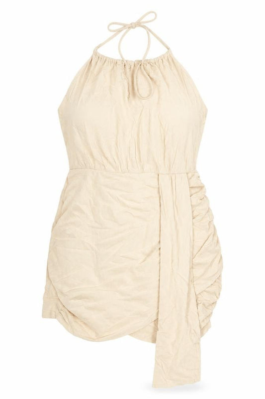 Front view of PRETTYLITTLETHING Women’s Beige Halter Bodycon Dress, size UK 16