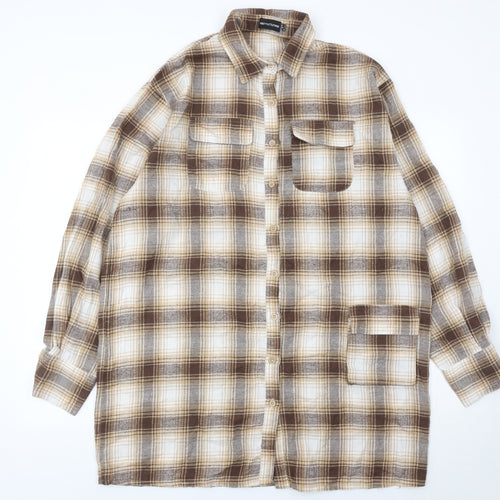 PrettyLittleThing Women Brown Plaid Flannel Button-Up Shirt UK 12
