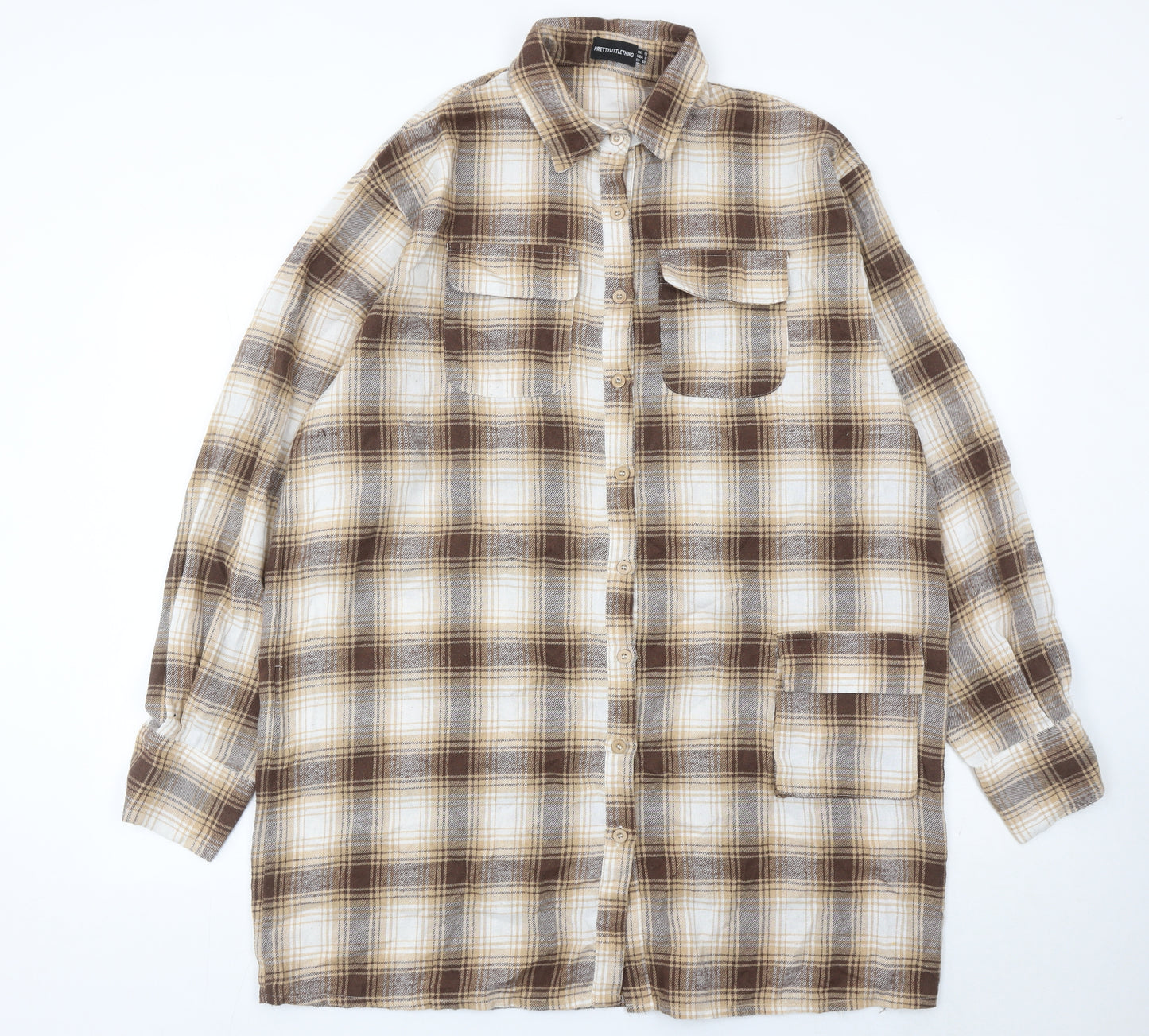 PrettyLittleThing Women Brown Plaid Flannel Button-Up Shirt UK 12