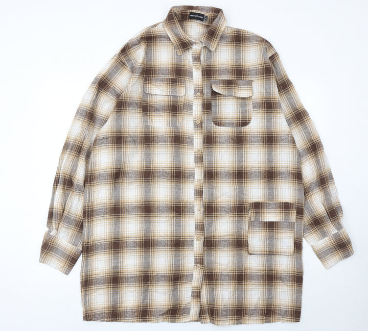 PrettyLittleThing Women Brown Plaid Flannel Button-Up Shirt UK 12