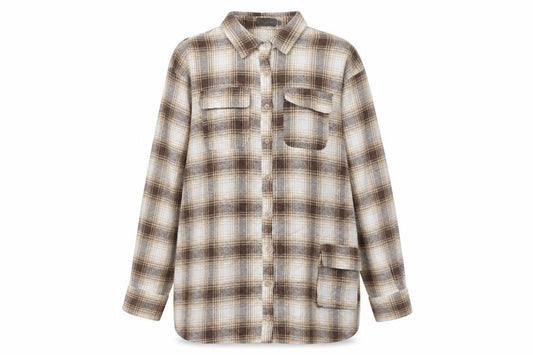 Front view of PRETTYLITTLETHING Women Brown Plaid Flannel Button-Up Shirt UK 12