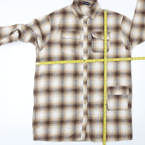 PrettyLittleThing Women Brown Plaid Flannel Button-Up Shirt UK 12