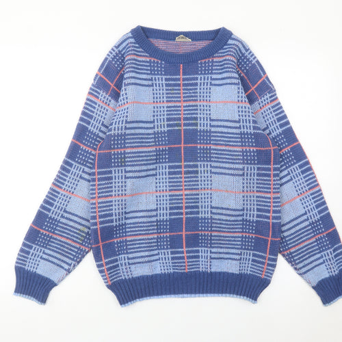 Highland Fair Men’s Blue Check Knit Jumper Small Crew Neck