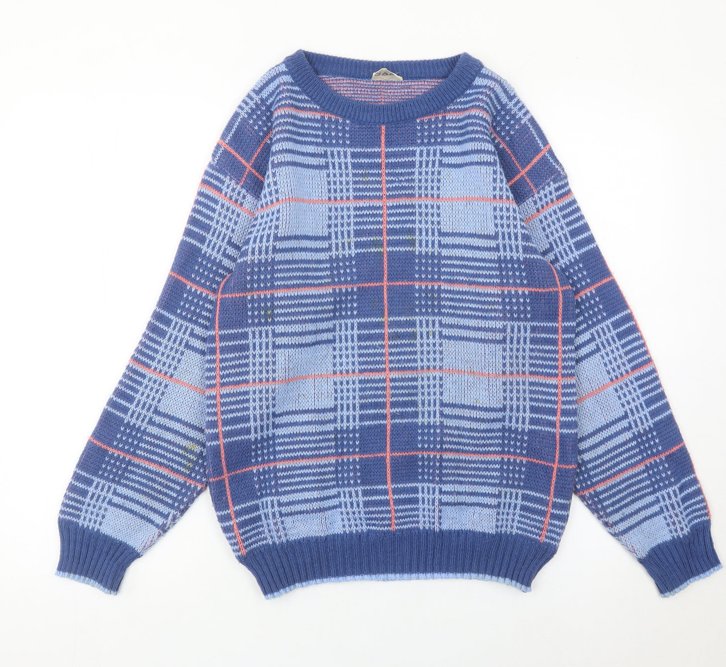 Highland Fair Men’s Blue Check Knit Jumper Small Crew Neck