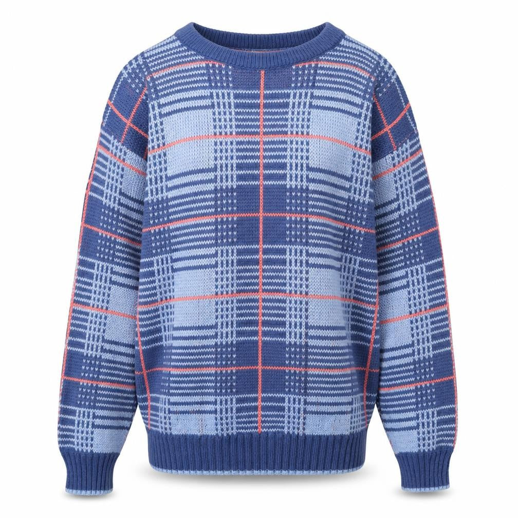Front view of Highland Fair Men’s Blue Check Knit Jumper Small Crew Neck