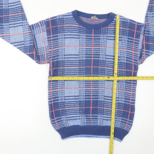 Highland Fair Men’s Blue Check Knit Jumper Small Crew Neck