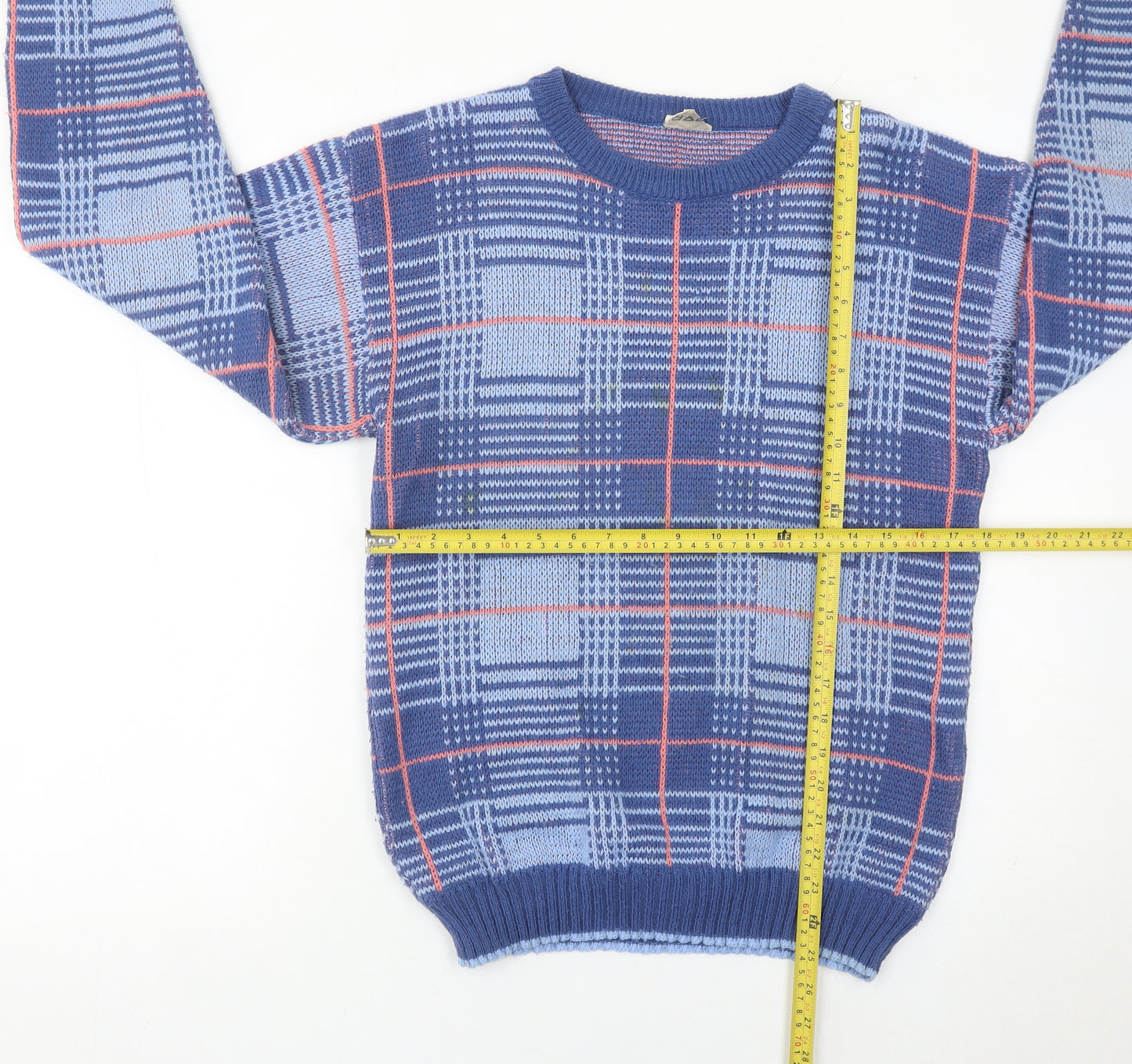 Highland Fair Men’s Blue Check Knit Jumper Small Crew Neck