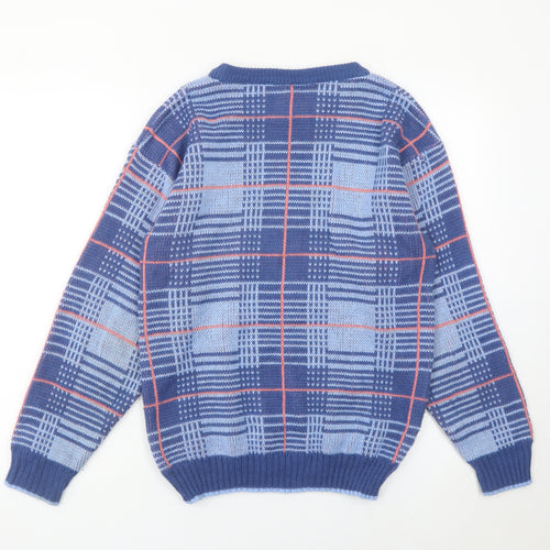 Highland Fair Men’s Blue Check Knit Jumper Small Crew Neck