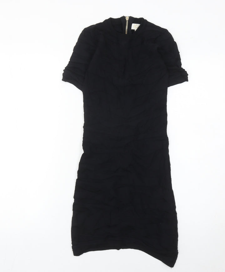 ICHI Women Black Midi Bodycon Dress Size S Half Sleeve High Neck