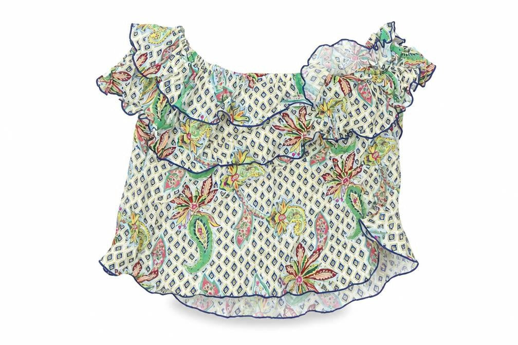 Front view of Zara Women’s Multicoloured Floral Ruffle Off-Shoulder Blouse M