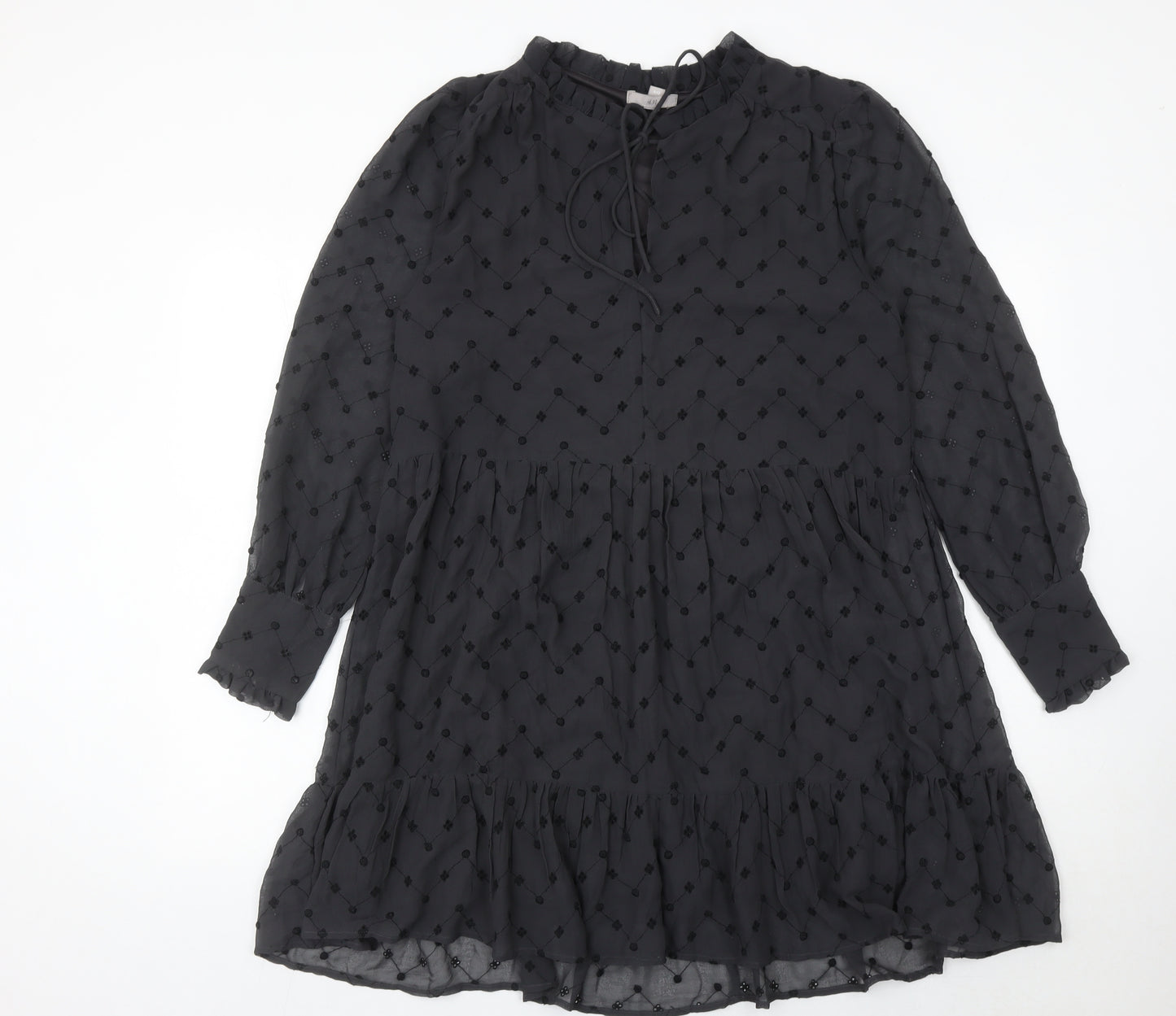 H&M Women’s Black Embroidered Shift Dress Size 8 Long Sleeve