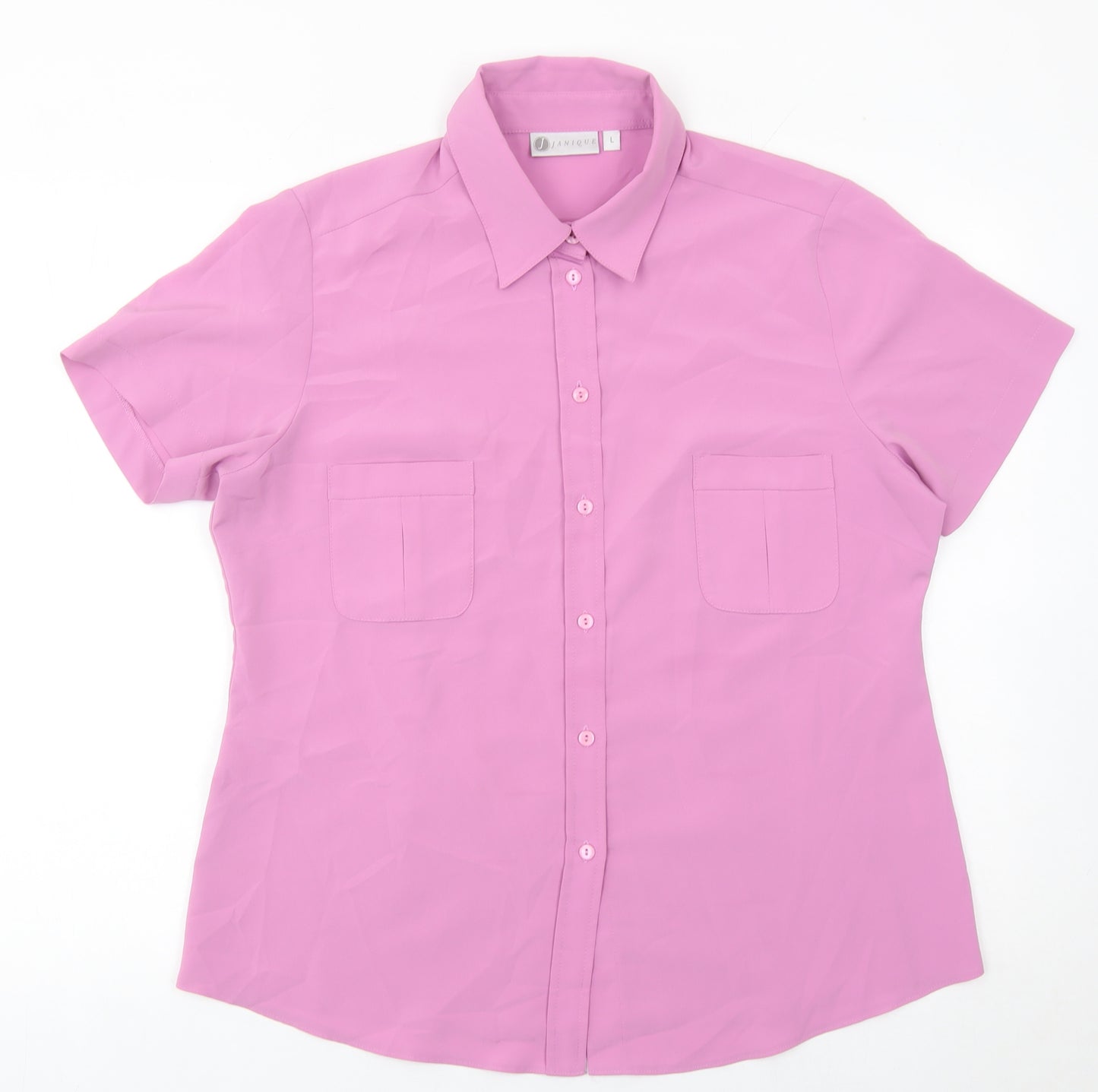 Janique Womens Pink Button-Up Short Sleeve Blouse Shirt L