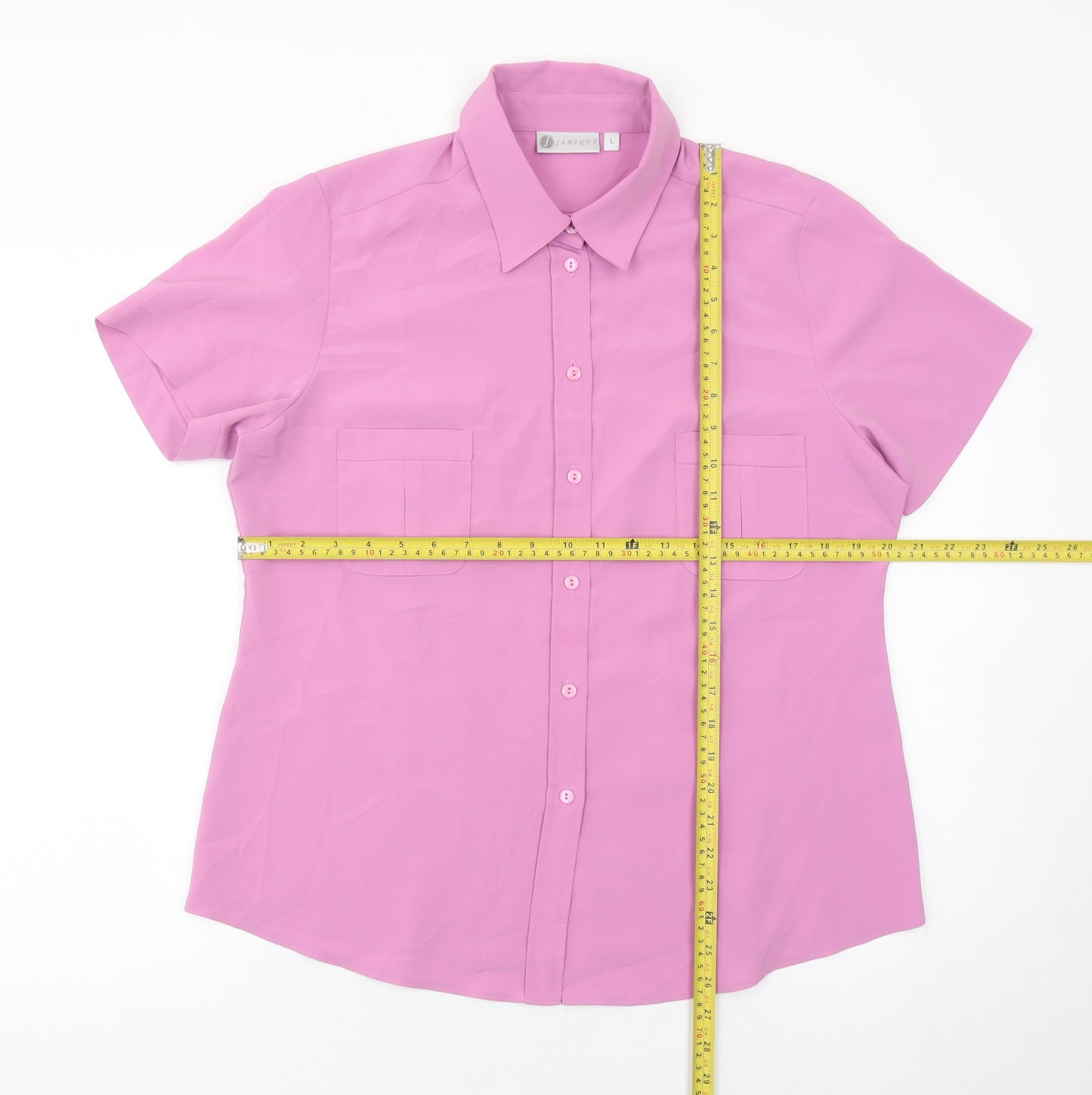 Janique Womens Pink Button-Up Short Sleeve Blouse Shirt L