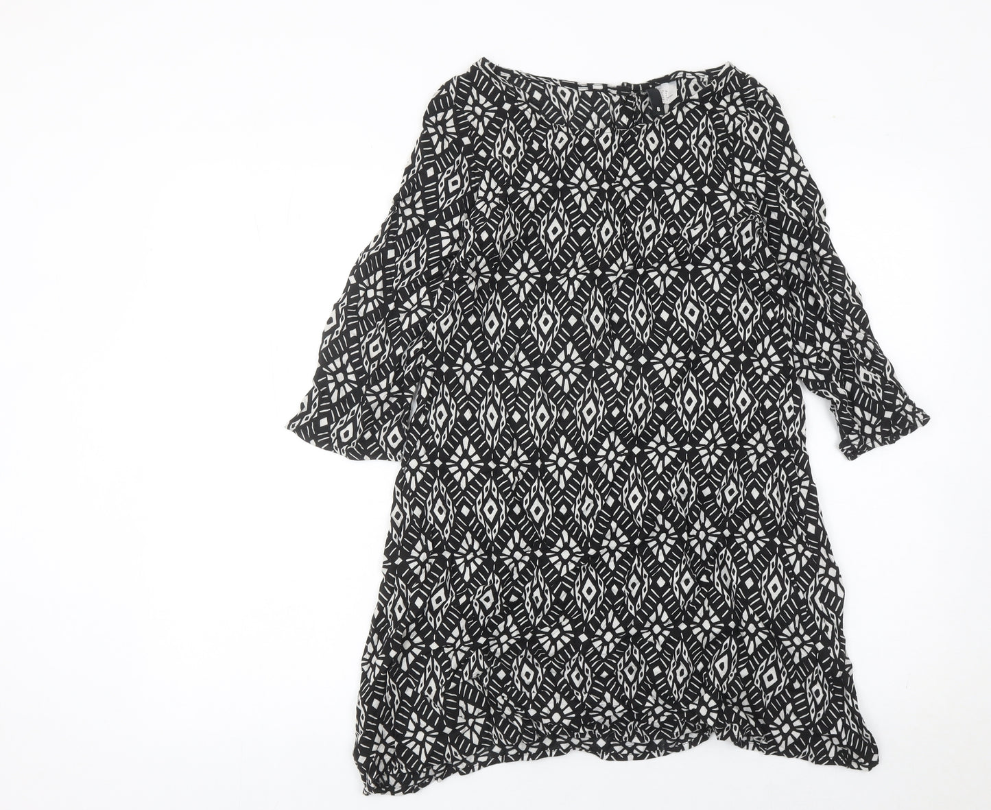 H&M Women’s Black Geometric Shift Dress Size 6 3/4 Sleeve