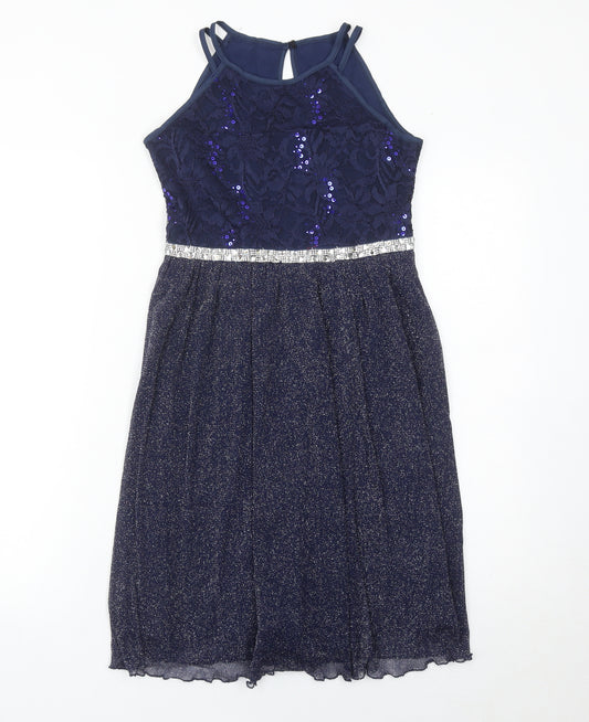 iEFiEL Girls Blue Sequin Lace A-Line Party Dress 9-10 Years Sleeveless
