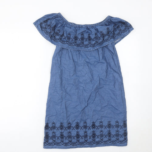 Denim Co Women Blue Cotton Embroidered Off Shoulder Shift Dress Size 10