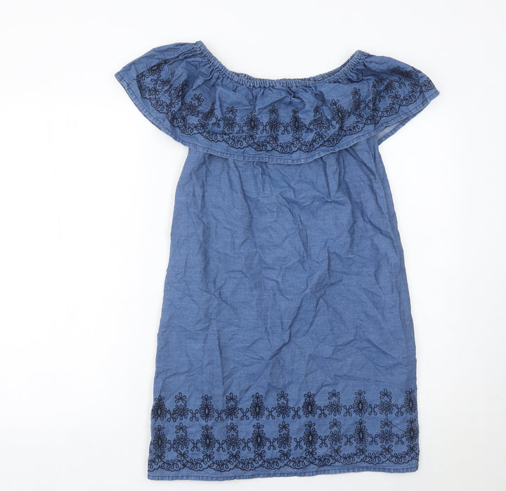 Denim Co Women Blue Cotton Embroidered Off Shoulder Shift Dress Size 10