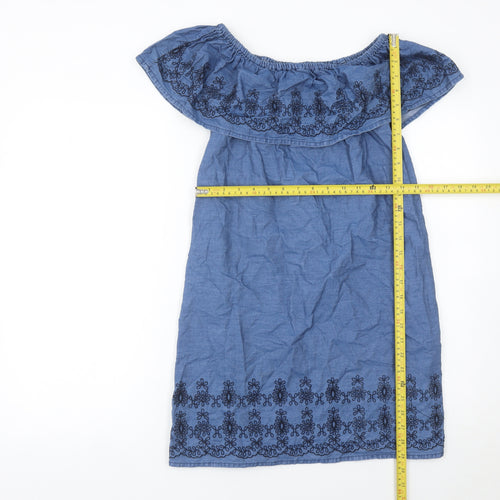 Denim Co Women Blue Cotton Embroidered Off Shoulder Shift Dress Size 10