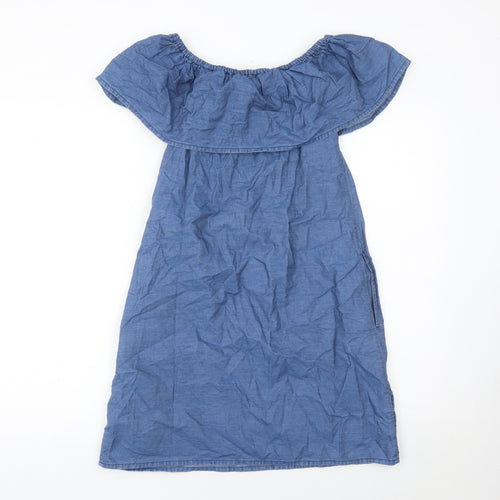 Denim Co Women Blue Cotton Embroidered Off Shoulder Shift Dress Size 10