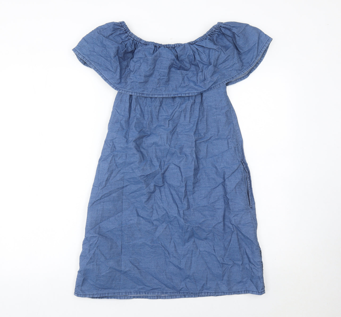 Denim Co Women Blue Cotton Embroidered Off Shoulder Shift Dress Size 10