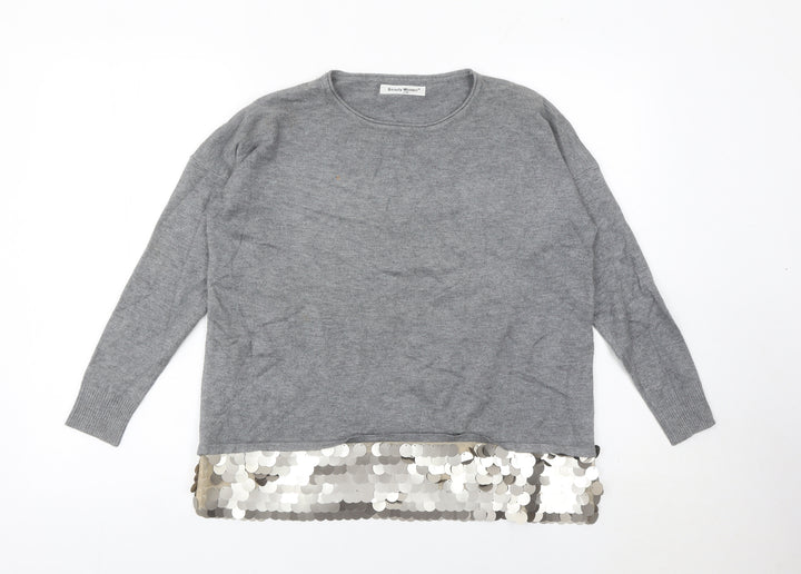 Beauty Women Grey Sequin Hem Pullover Jumper Womens S Long Sleeve Party Knit