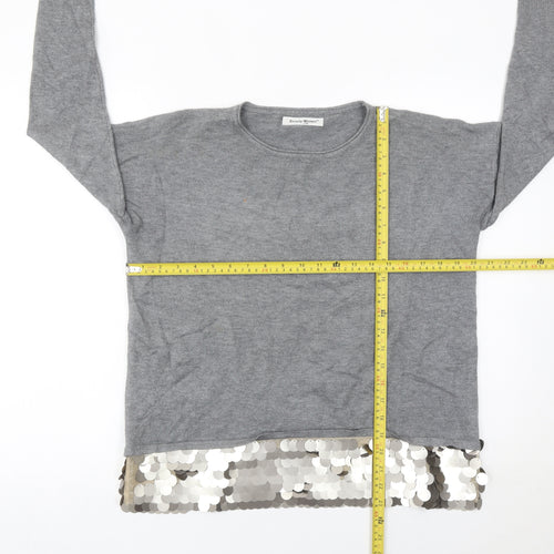 Beauty Women Grey Sequin Hem Pullover Jumper Womens S Long Sleeve Party Knit