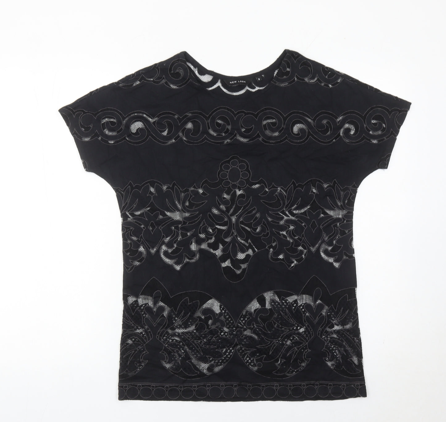 New Look Women’s Black Floral Lace T-Shirt Size 8 Short Sleeve
