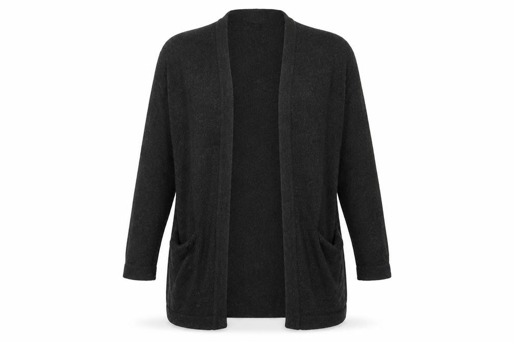 Front view of H&M women’s black cardigan, size UK 8, long sleeve knit open front