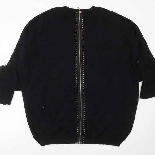 Blue Vanilla Womens Black Pullover Jumper M Ruffle Sleeve Zip Back