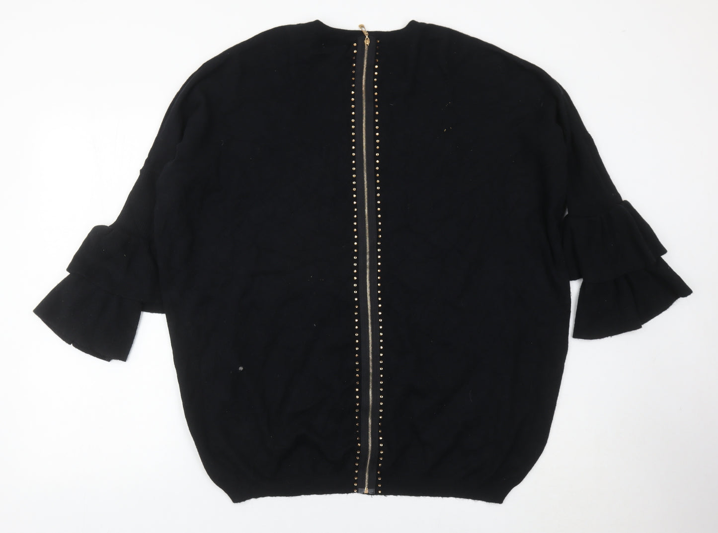 Blue Vanilla Womens Black Pullover Jumper M Ruffle Sleeve Zip Back