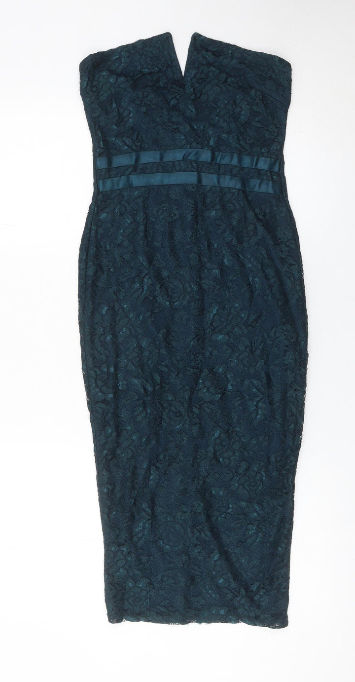 Pink Boutique Women’s Green Lace Bodycon Strapless Midi Dress Size 8
