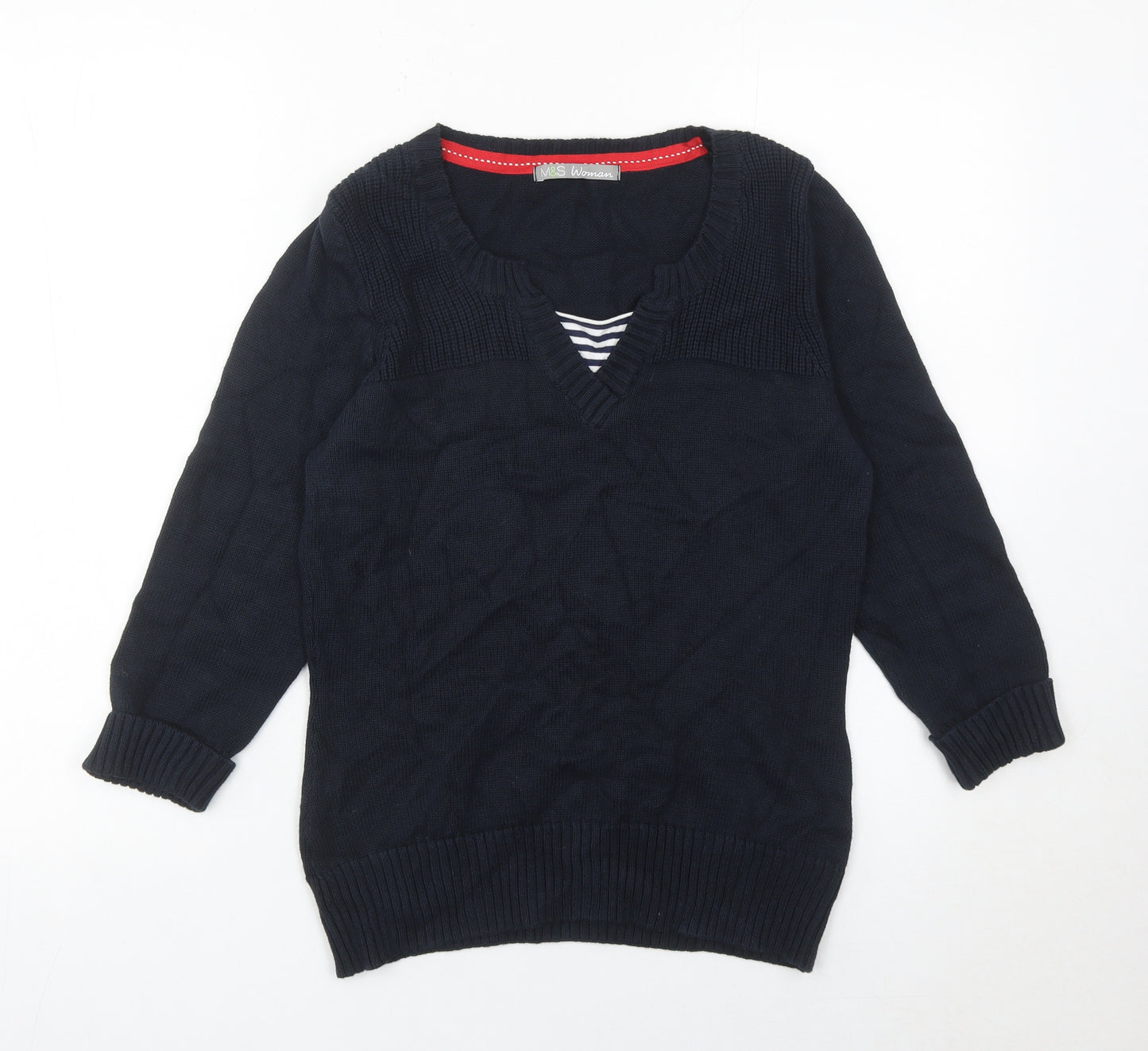 Marks and Spencer Womens Black Cotton V-Neck Jumper Size 12