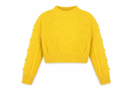 Front view of Matalan girls’ yellow cable knit jumper age 12 years mock neck