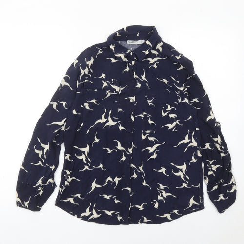 Oasis Women’s Blue Animal Print Collared Long Sleeve Blouse Size 10