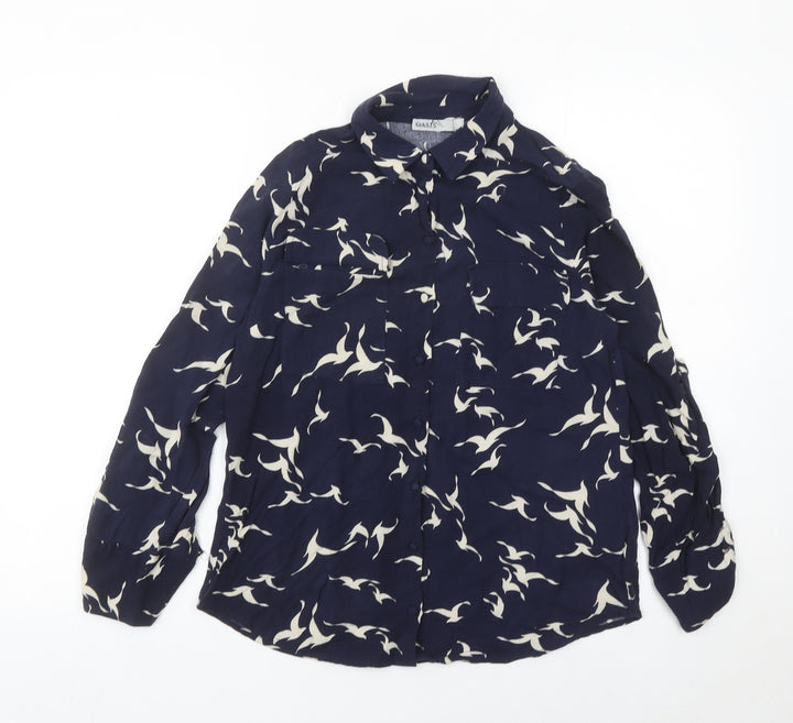 Oasis Women’s Blue Animal Print Collared Long Sleeve Blouse Size 10