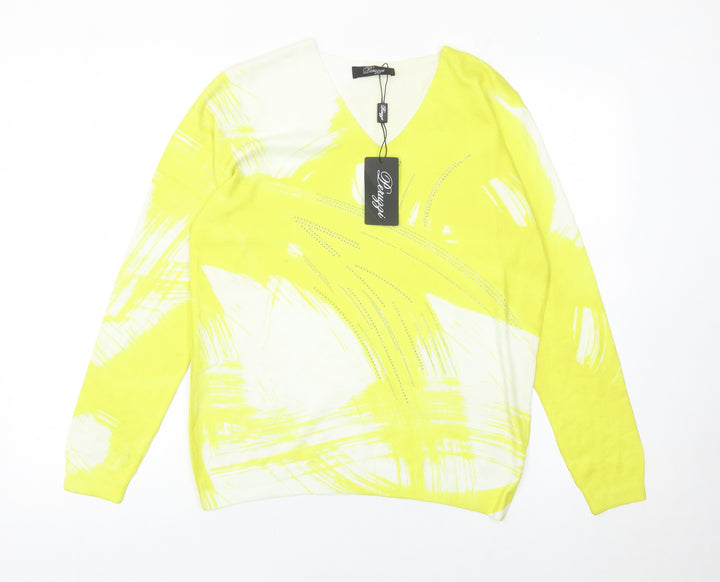 Peruzzi Womens Yellow V-Neck Pullover Jumper Size 8 Long Sleeve
