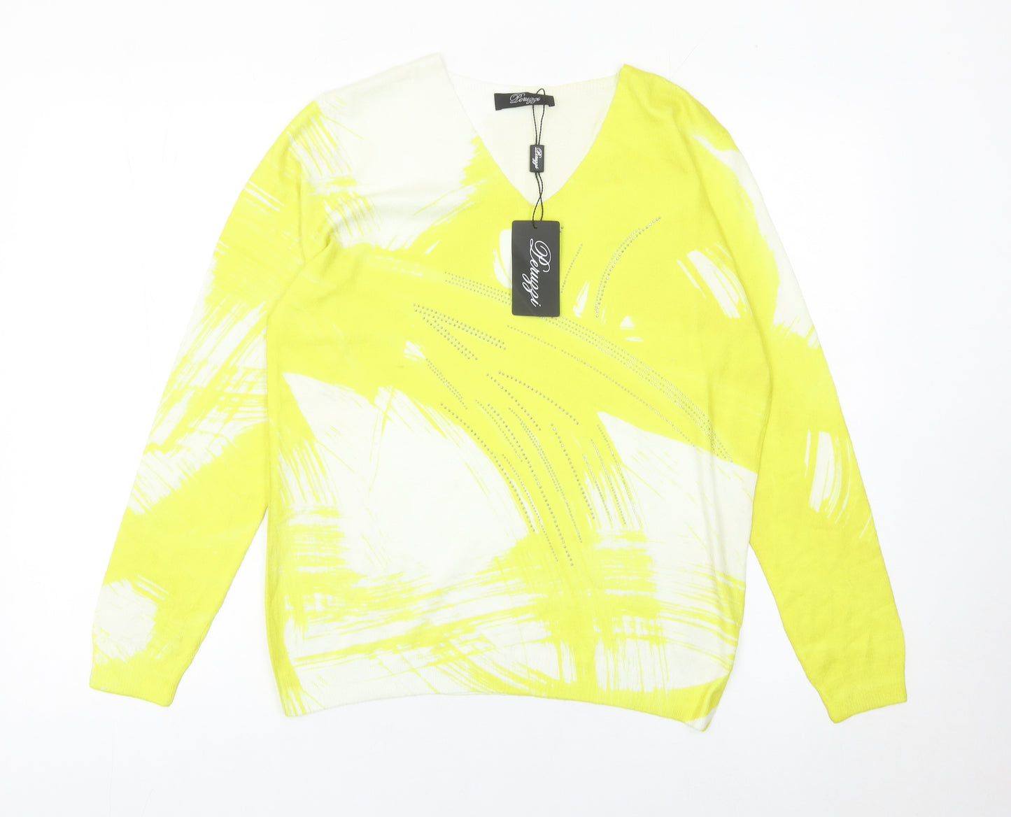 Peruzzi Womens Yellow V-Neck Pullover Jumper Size 8 Long Sleeve