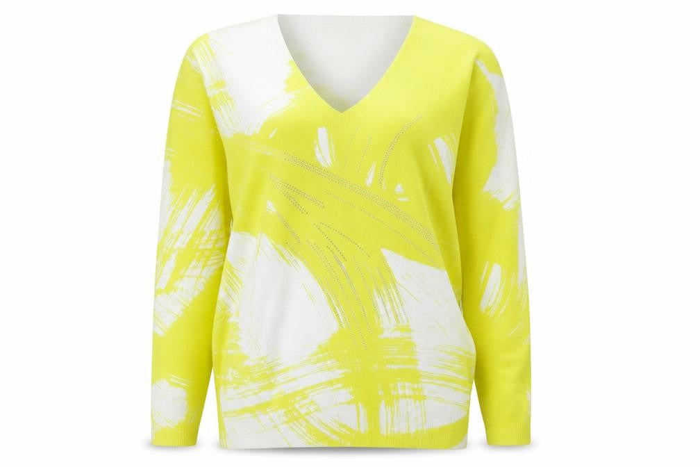 Front view of Peruzzi women’s yellow v-neck jumper, size UK 8, long sleeve