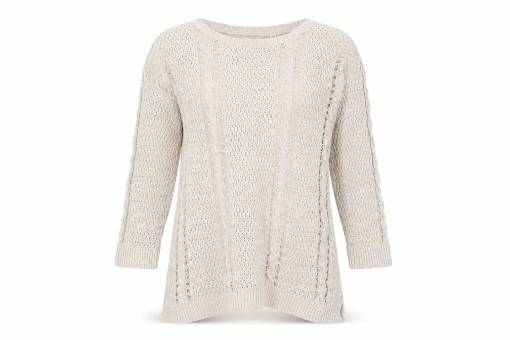 Front view of FatFace women’s beige, size UK 10, crew neck open-knit jumper