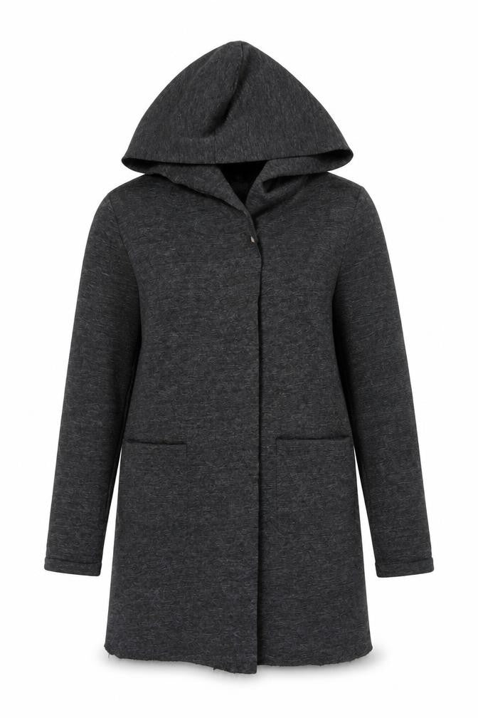 Front view of Amisu Women's Grey Hooded Long Coat, size 6, Polyester Viscose Zip Casual