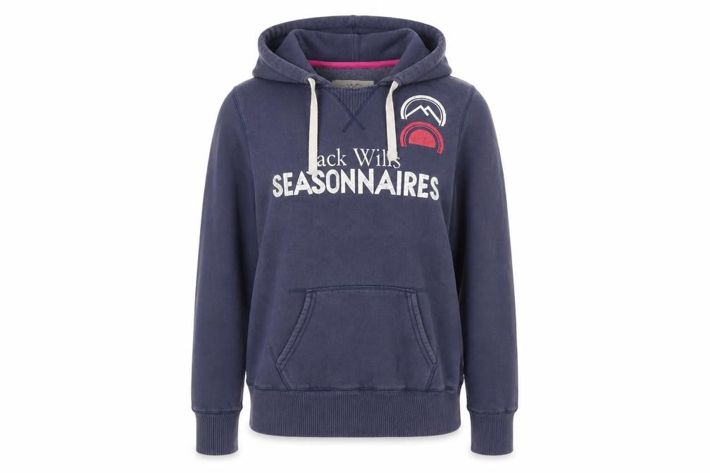 Front view of Jack Wills women’s blue pullover hoodie, size UK 10, graphic logo