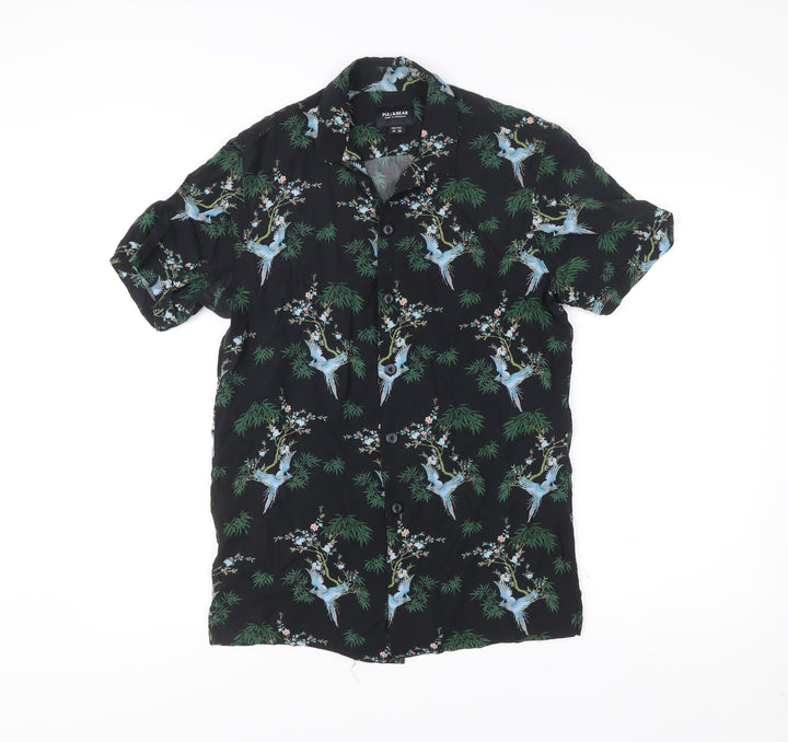 Pull & Bear Men’s Black Tropical Animal Print Shirt M Short Sleeve