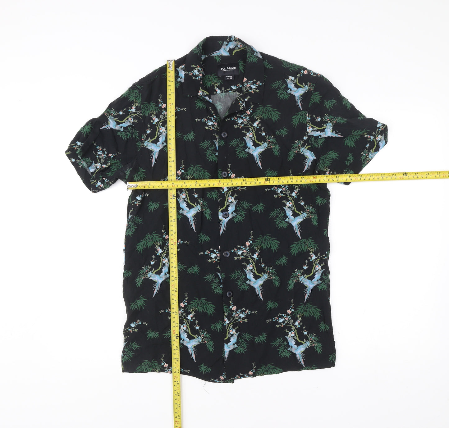 Pull & Bear Men’s Black Tropical Animal Print Shirt M Short Sleeve