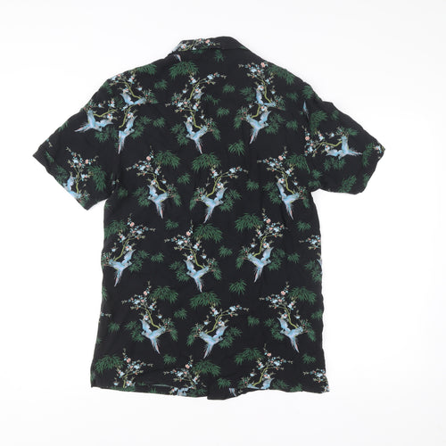 Pull & Bear Men’s Black Tropical Animal Print Shirt M Short Sleeve