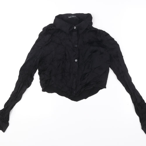 Bershka Womens Black Cropped Collared Button-Up Shirt L Long Sleeve