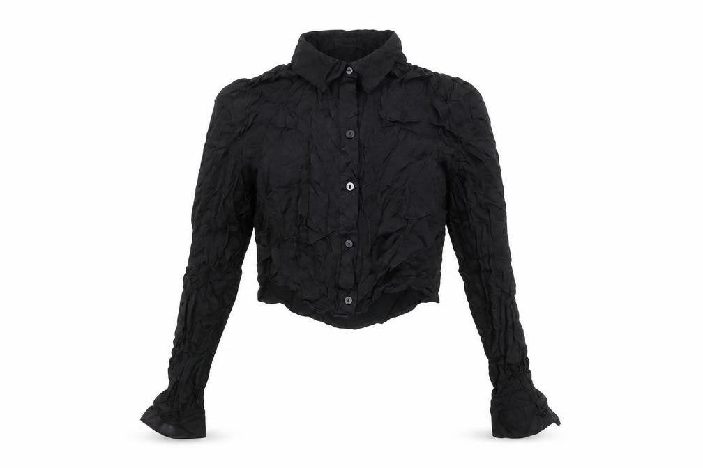 Front view of Bershka women’s black cropped collared button-up shirt l long sleeve