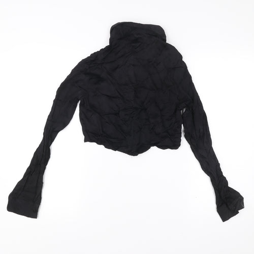 Bershka Womens Black Cropped Collared Button-Up Shirt L Long Sleeve