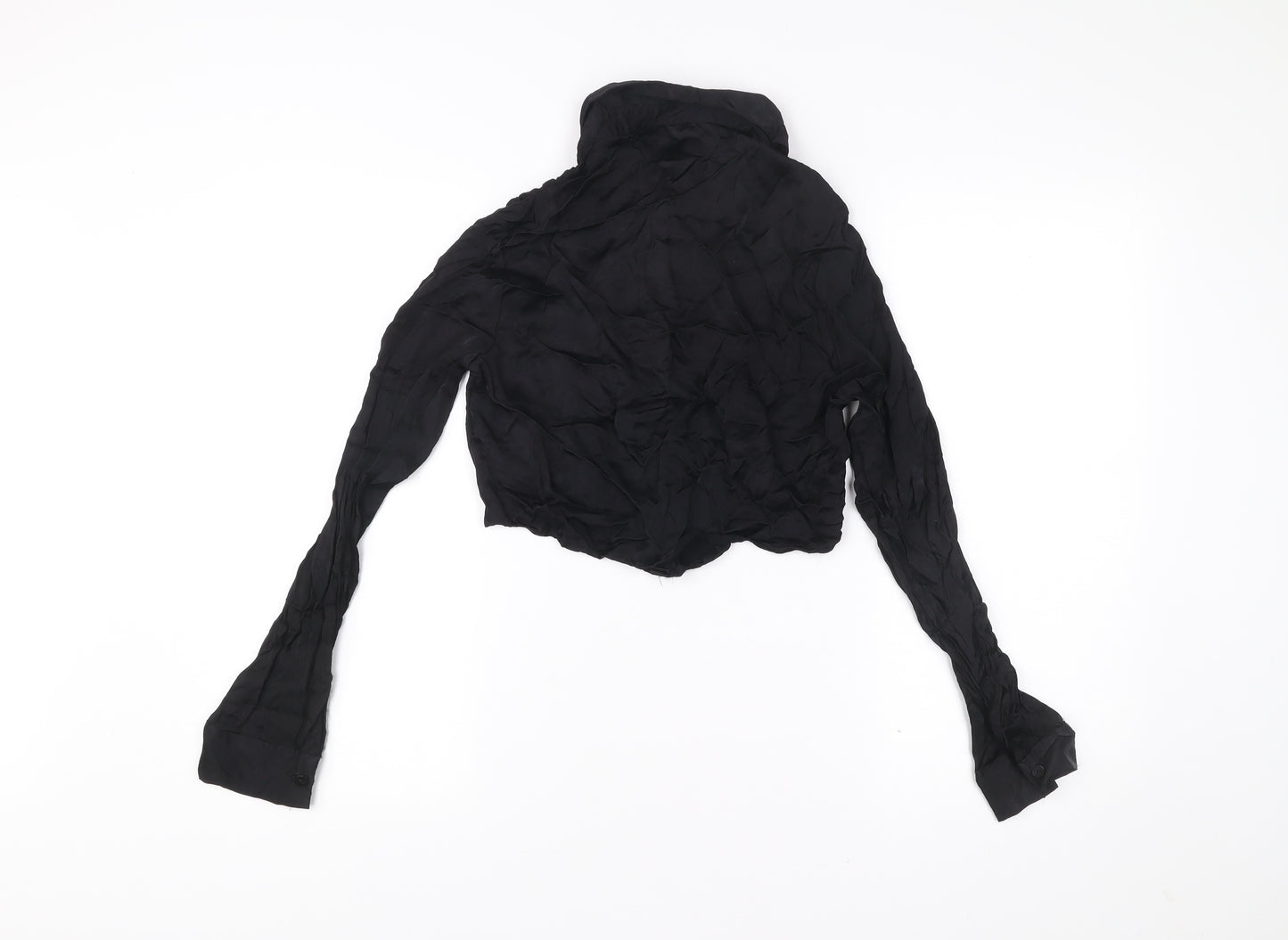 Bershka Womens Black Cropped Collared Button-Up Shirt L Long Sleeve